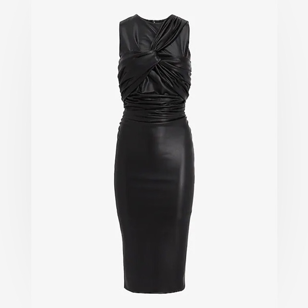 NWT Body Contour Faux Leather Twist Front Midi Dress With Built-In Shapewear